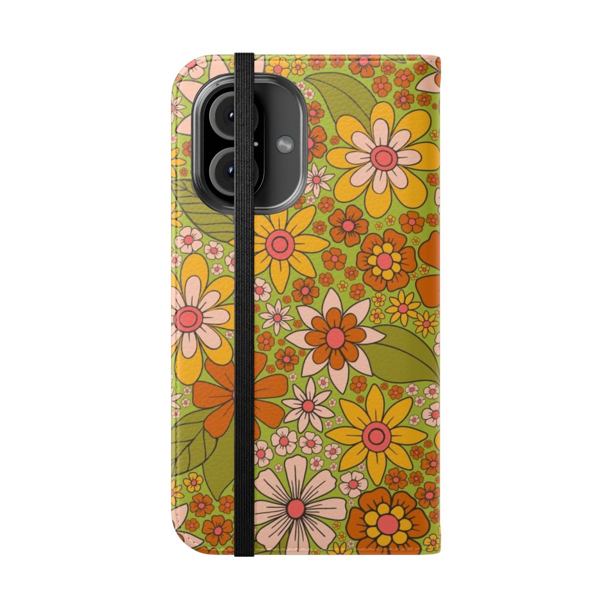 Vintage floral phone case with retro 1960s and 1970s inspired flower power design - Folded Front