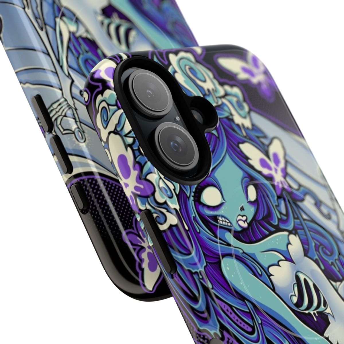 A dark and gothic phone case design featuring a decaying butterfly skeleton, skulls, and a dark floral pattern. - Detail