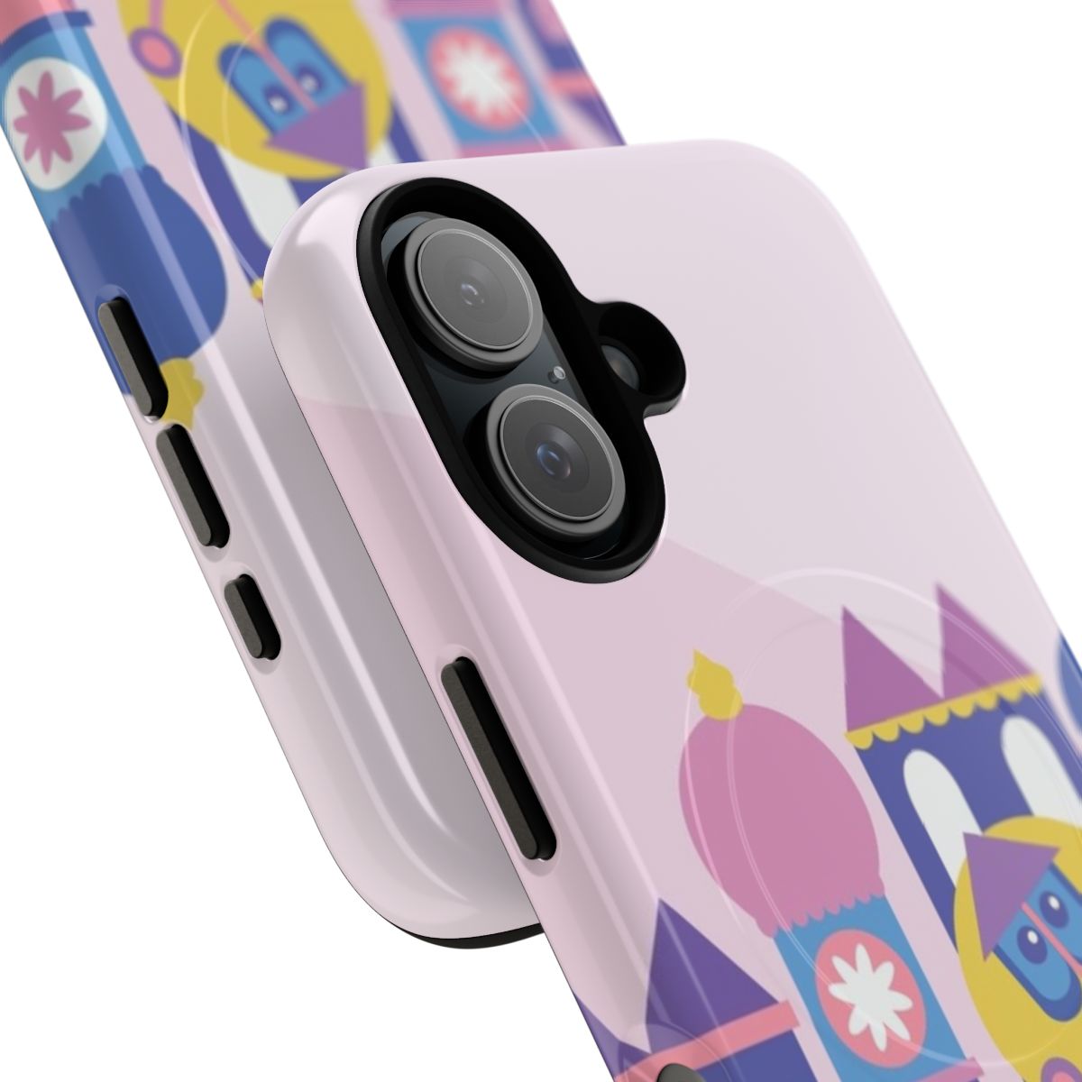 A pastel-colored phone case featuring a cartoon building from the 'It's a Small World' Disney attraction. - Detail