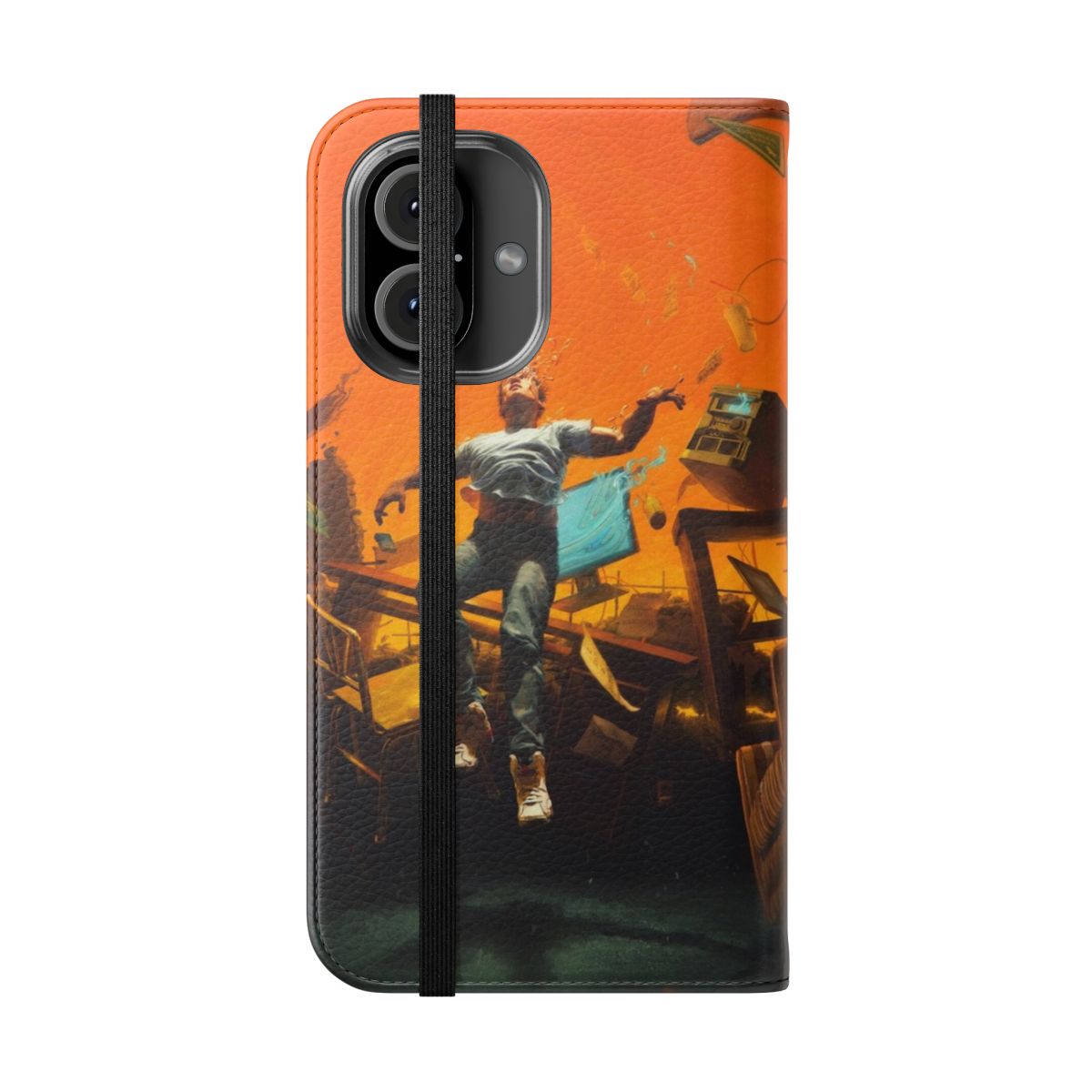 Sleek flip cover phone case featuring a modern design inspired by rapper Logic's discography. - Folded Front