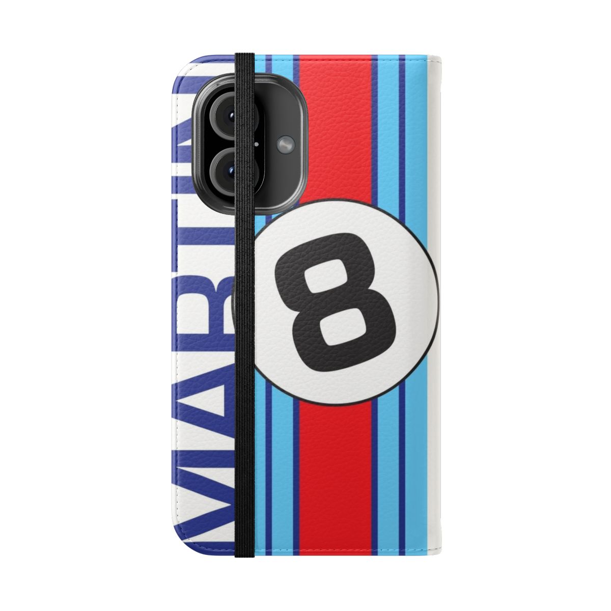 Stylish vintage racing-inspired flip phone case with Martini-style stripes - Folded Front