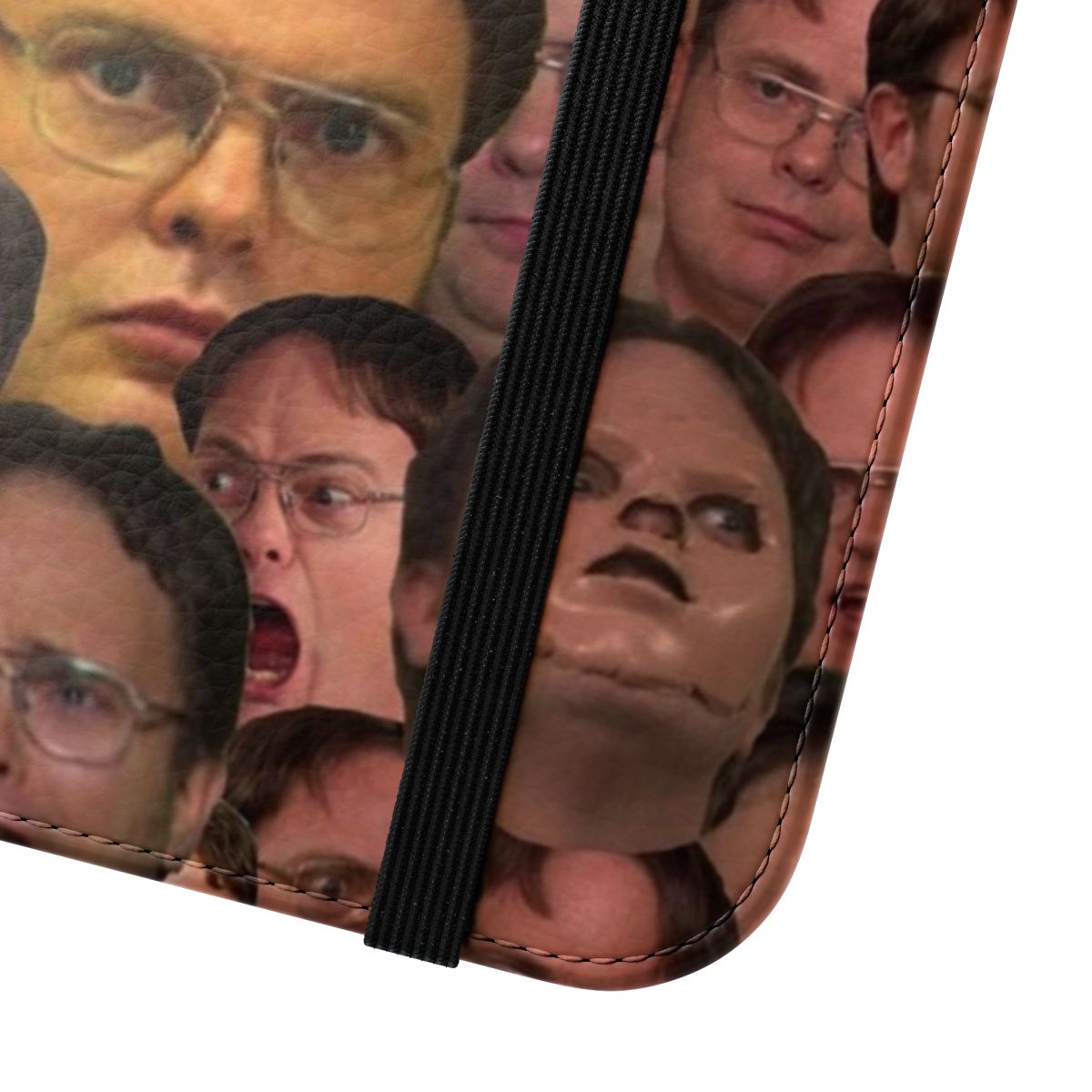 A flip cover phone case featuring a compilation of iconic facial expressions and quotes from Dwight Schrute, a beloved character from the TV series "The Office". - Close Up