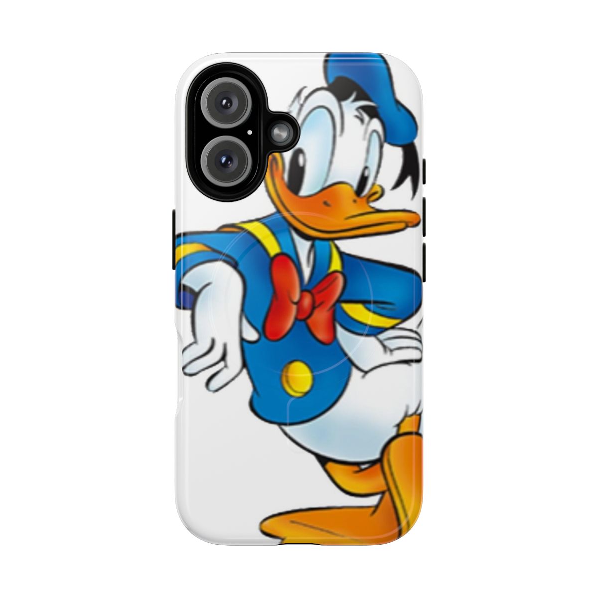 A protective phone case featuring a cartoon illustration of the Disney character Donald Duck.