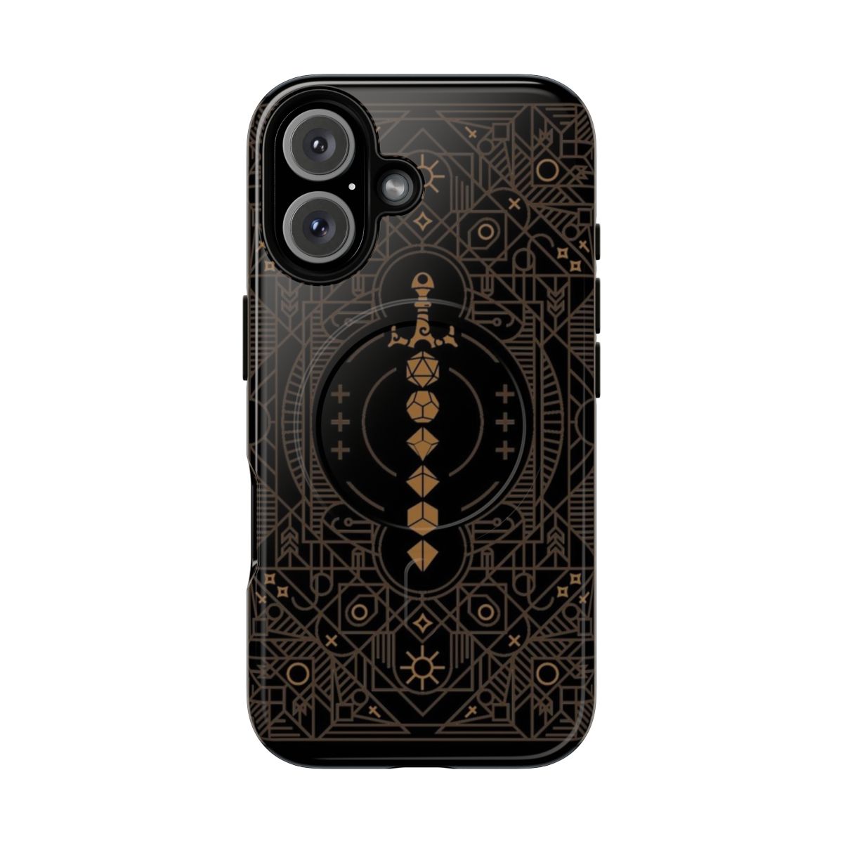 Polyhedral dice and vintage sword illustration on a minimalist phone case