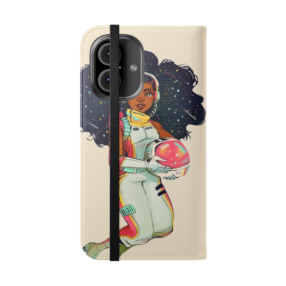 Stylish space-themed phone case with galaxy print and afro astronaut design - Folded Front