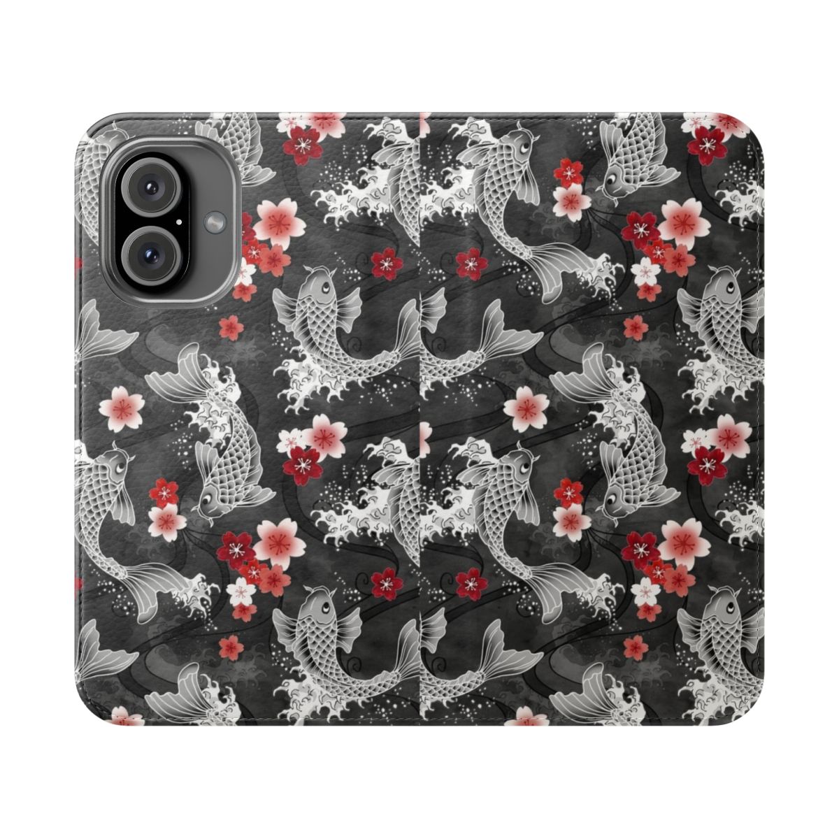 Colorful flip cover phone case featuring a watercolor design of koi fish swimming among cherry blossoms