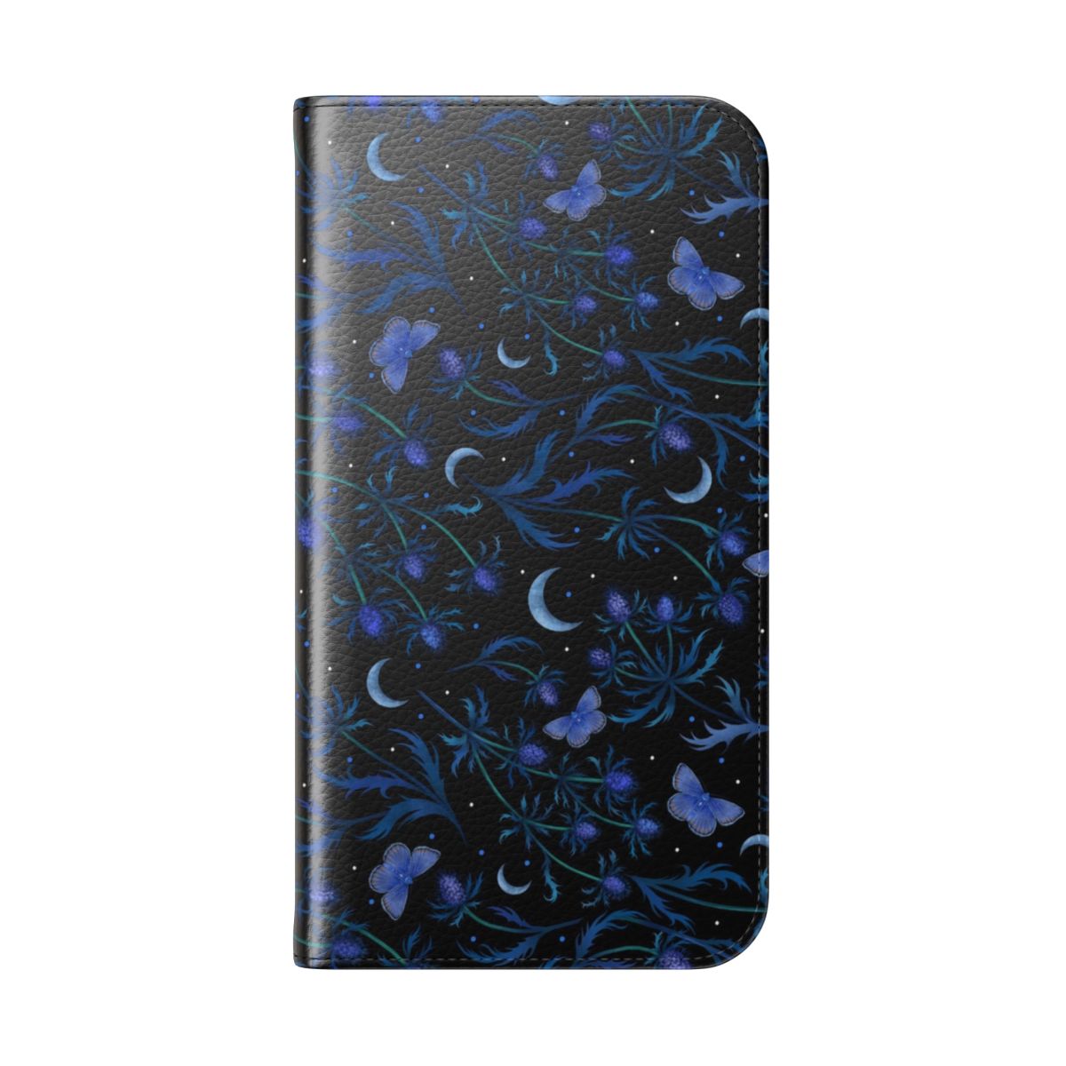 Blue thistle pattern flip phone case with moon phases and celestial elements - Folded Back