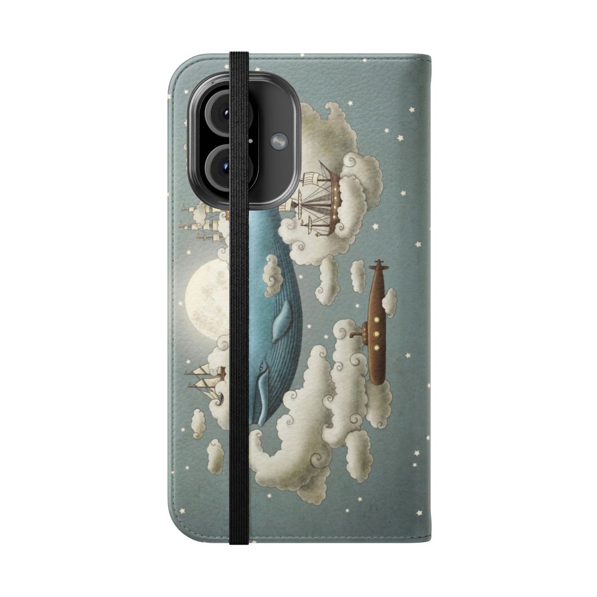 Flip phone case featuring a whimsical ocean meets sky design with a blue whale, tall ships, and vintage submarine. - Folded Front