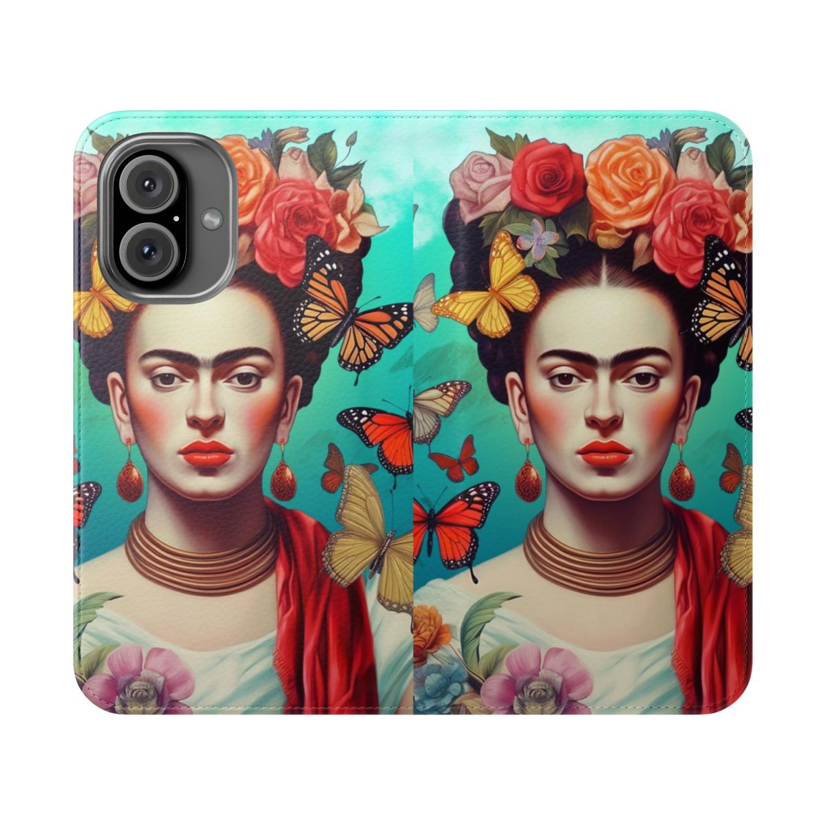 Artistic phone case featuring a portrait of Frida Kahlo, the renowned Mexican artist and feminist icon.