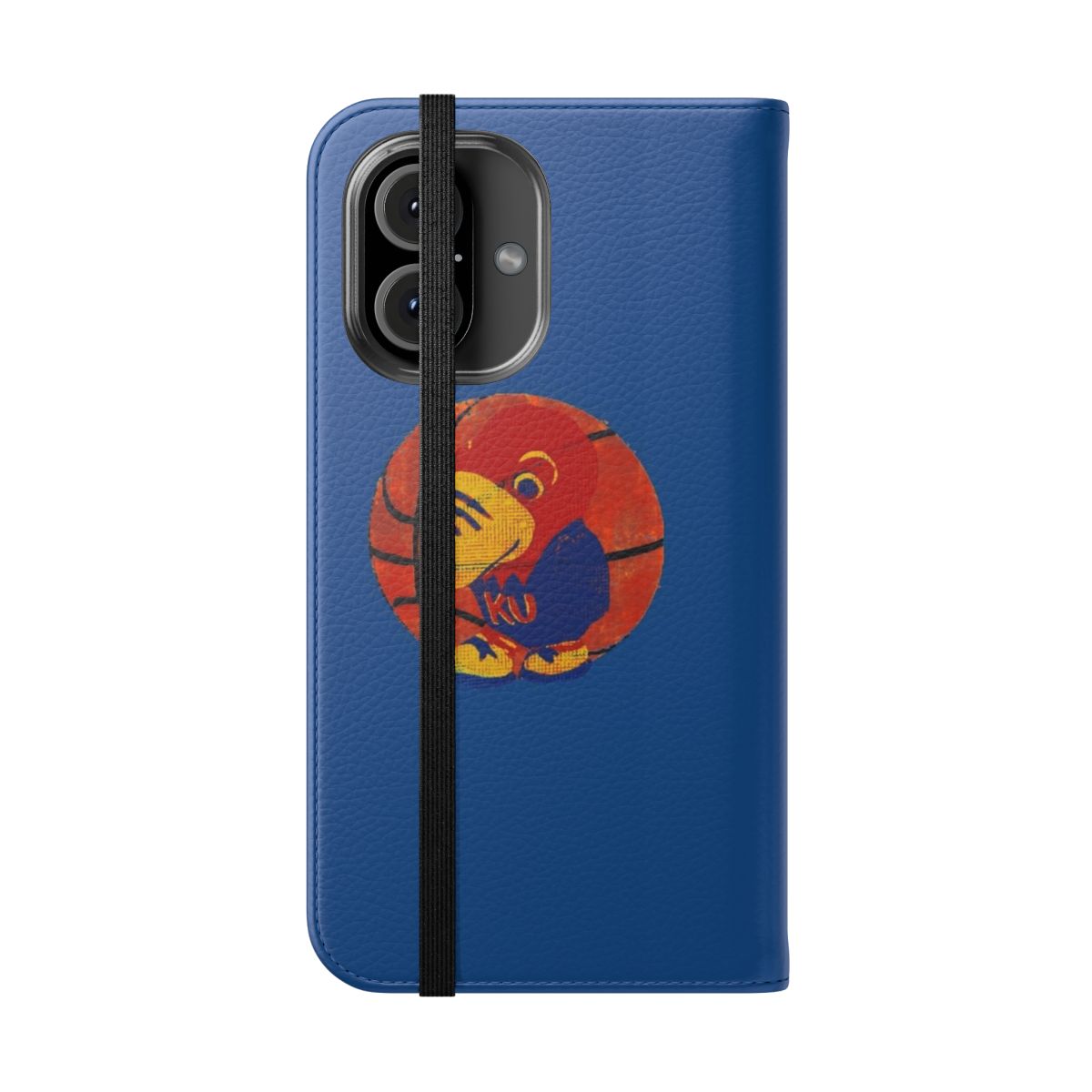 Retro-style blue, red, and yellow phone case cover with Jayhawks college basketball mascot design - Folded Front