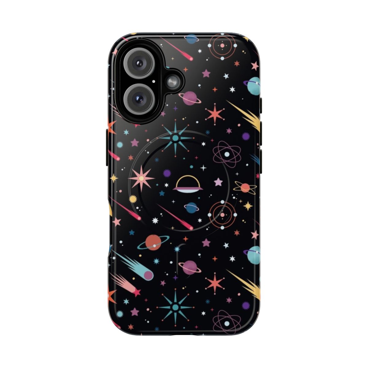 Colorful space-themed phone case with planets, stars, and cosmic patterns