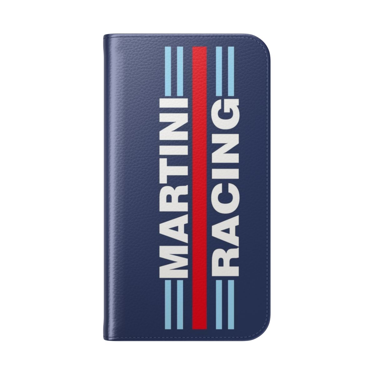 Vintage racing-inspired flip phone case with Martini Racing-style design - Folded Back