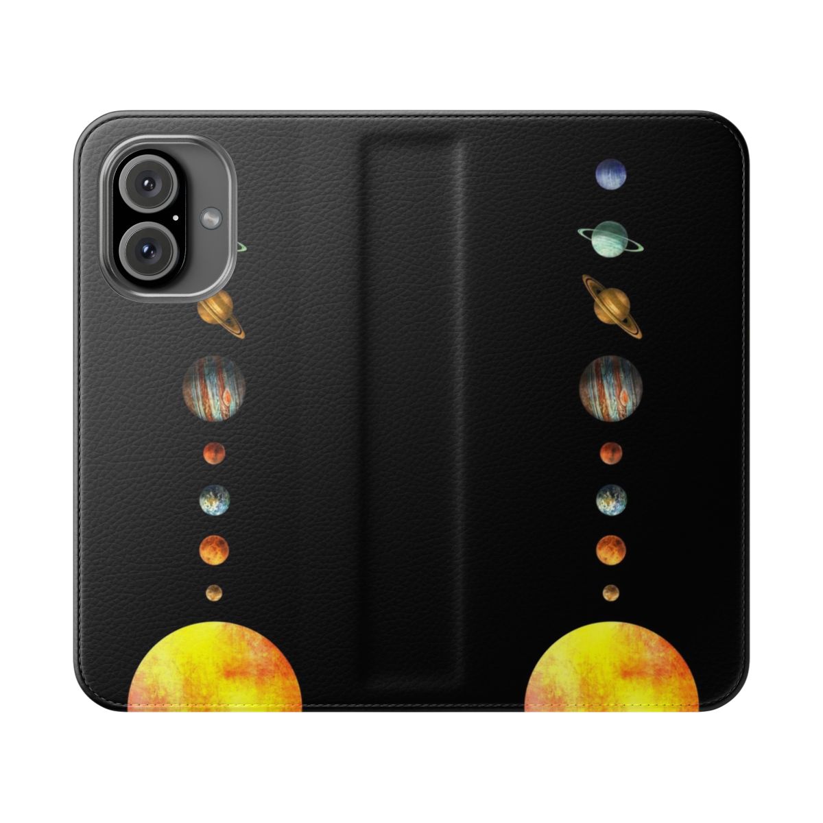 Colorful digital illustration of the solar system planets on a protective phone case