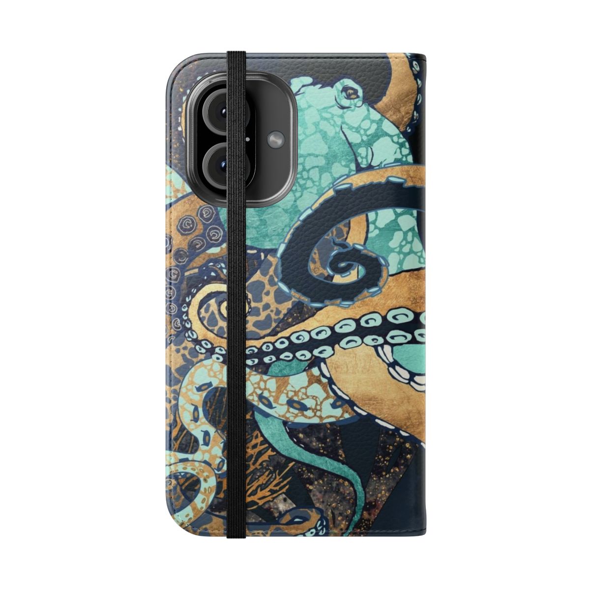 Metallic octopus-themed flip cover phone case with intricate tentacle design - Folded Front