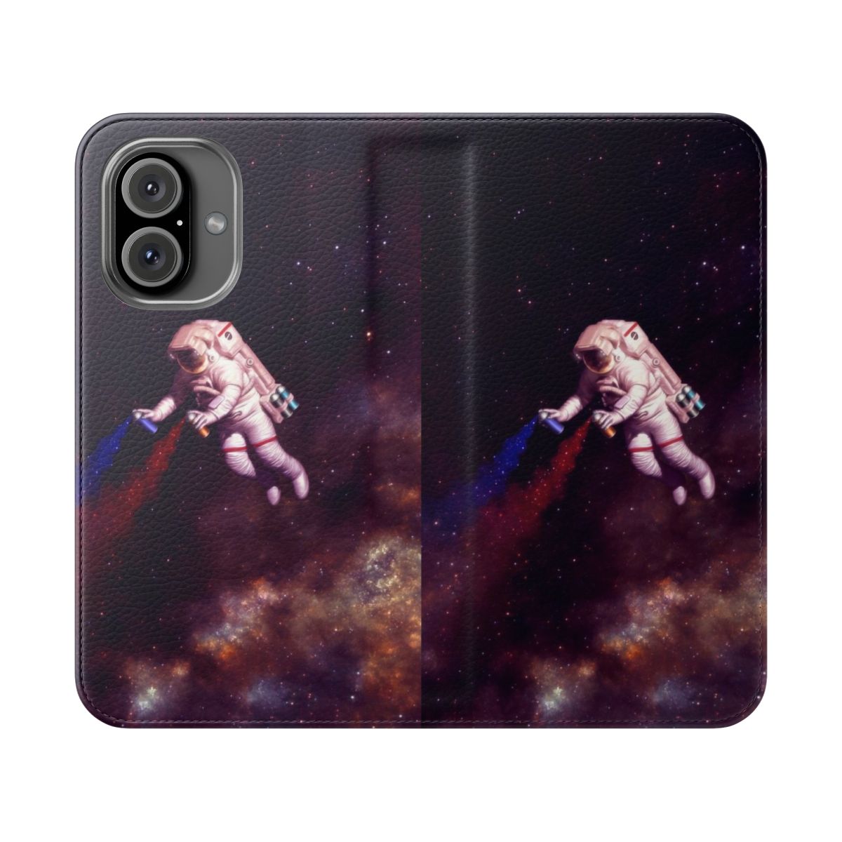 Colorful phone case with a galaxy and astronaut graffiti-style design