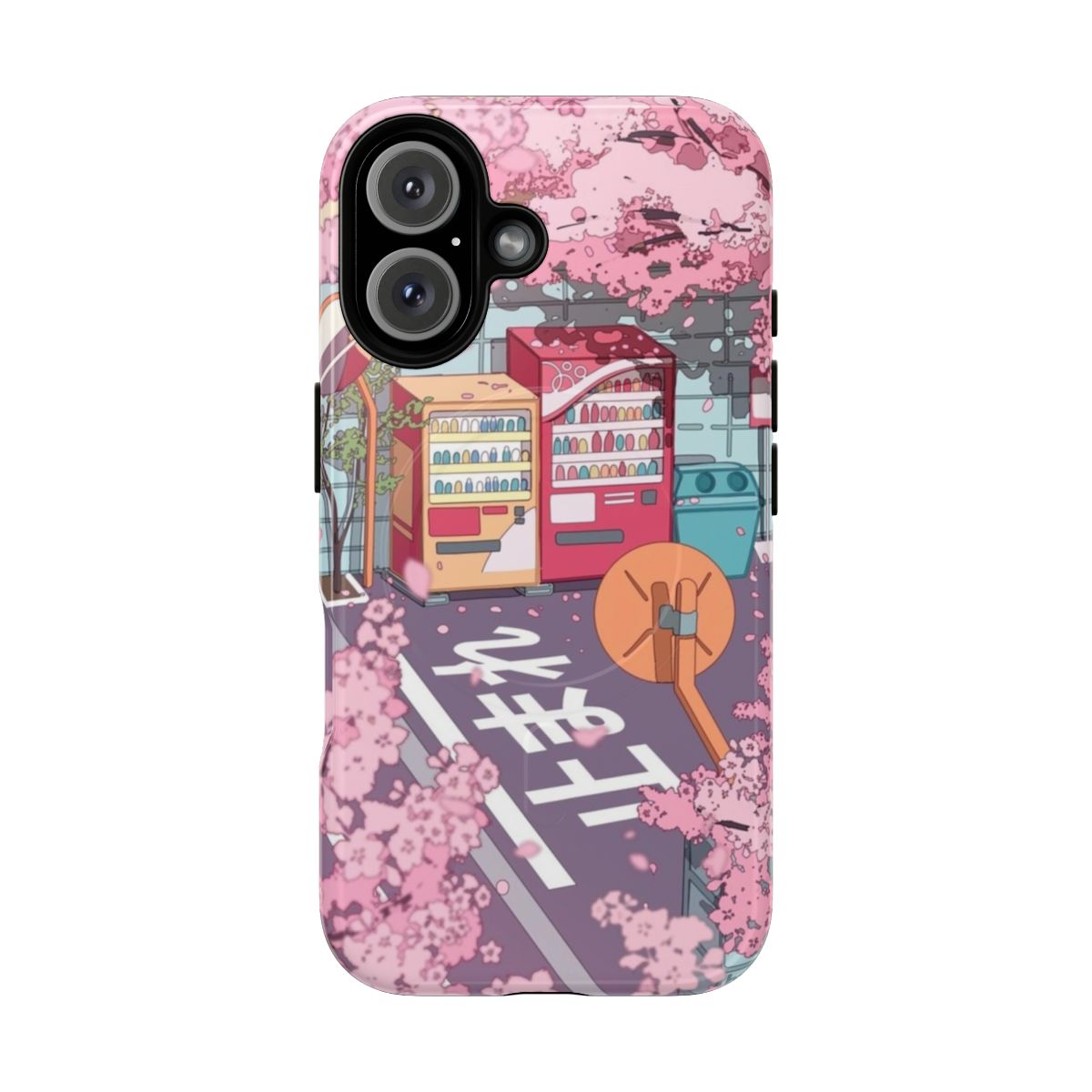 A beautiful phone case featuring a vibrant sakura tree blossom on a Japanese street scene.