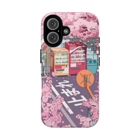 A beautiful phone case featuring a vibrant sakura tree blossom on a Japanese street scene.