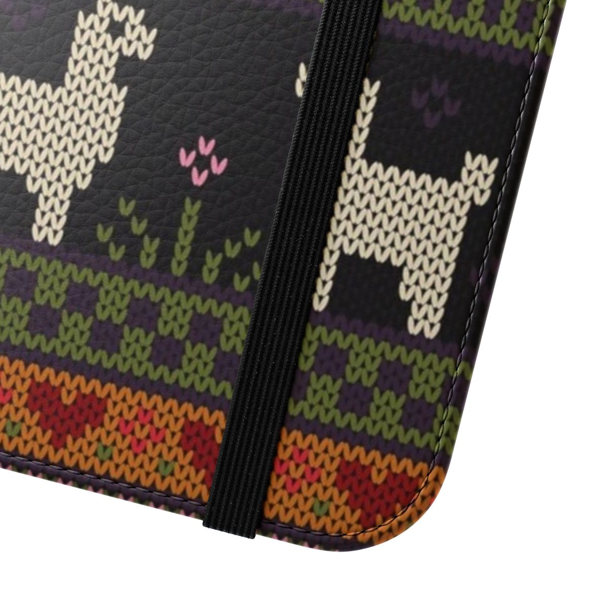 A stylish and cozy knit-style phone case featuring a cute llama or alpaca design. - Close Up