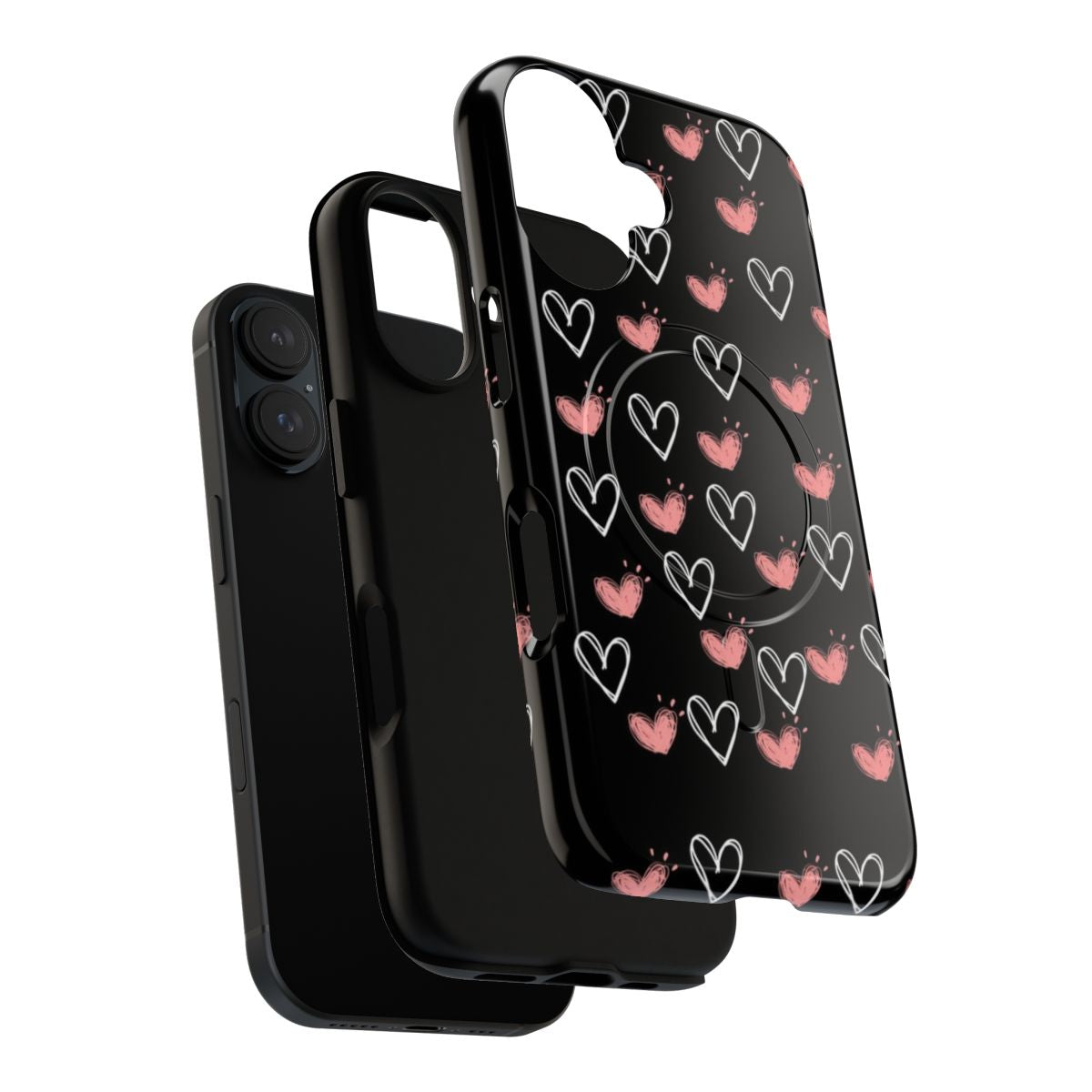 Waves of pink and black hearts graphic design on a tough, magnetic phone case - Layers