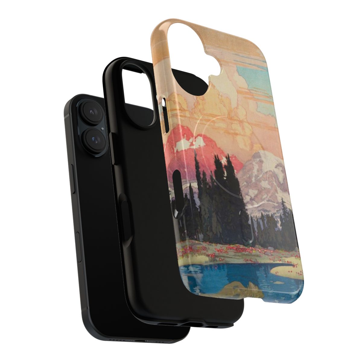 Breathtaking mountain landscape with snow, clouds, and sunset colors on a magnetic protective phone case - Layers