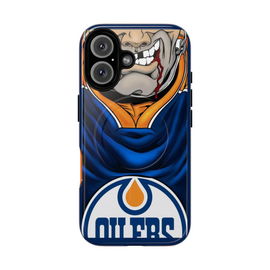 Copper and blue protective phone case with a magnetic design for hockey fans