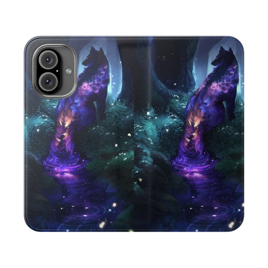 Luminous flip cover phone case with mystical galaxy and animal design