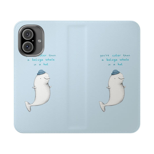 Cute and whimsical flip cover phone case featuring a beluga whale in a hat