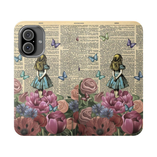 Vintage-style phone case featuring a whimsical "Wonderland Garden" design inspired by Alice in Wonderland.