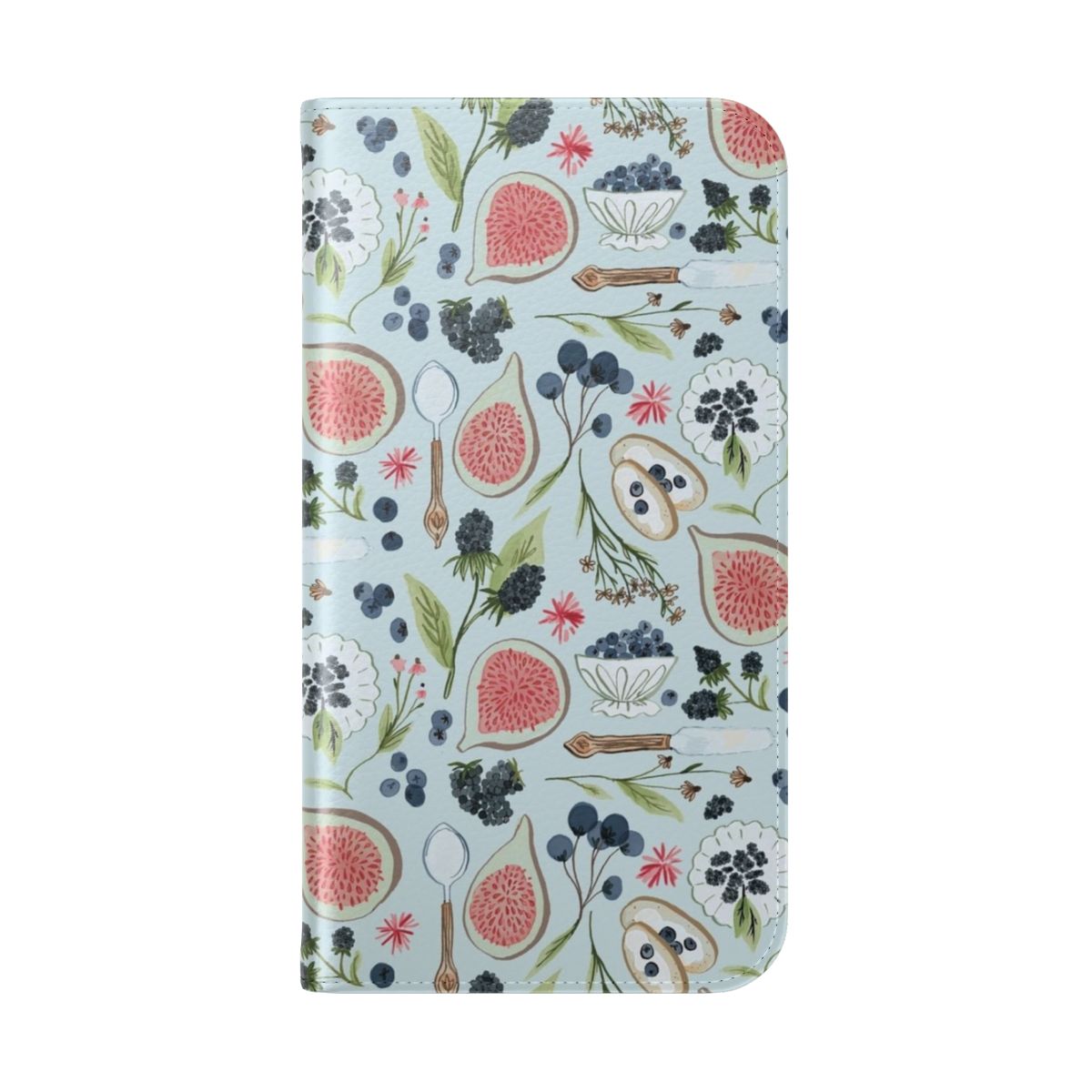 Vibrant watercolor illustration of blueberries, figs, and other breakfast ingredients on a blue and pink floral phone case cover. - Folded Back