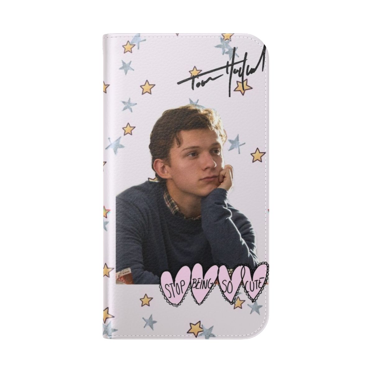 Sleek and stylish flip cover phone case featuring Tom Holland as Spiderman from the Marvel Cinematic Universe. - Folded Back