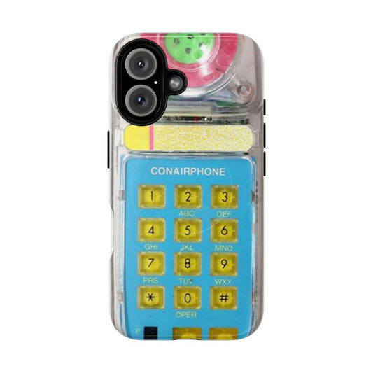 Vibrant retro-style 80s phone case with a transparent design and neon dial