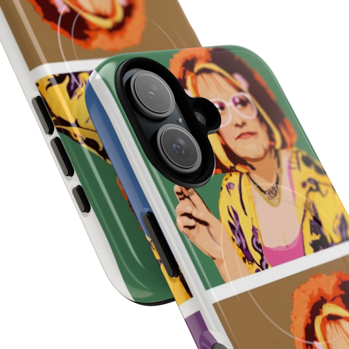 Colorful pop art phone case featuring an artistic interpretation of Jerry Hall - Detail