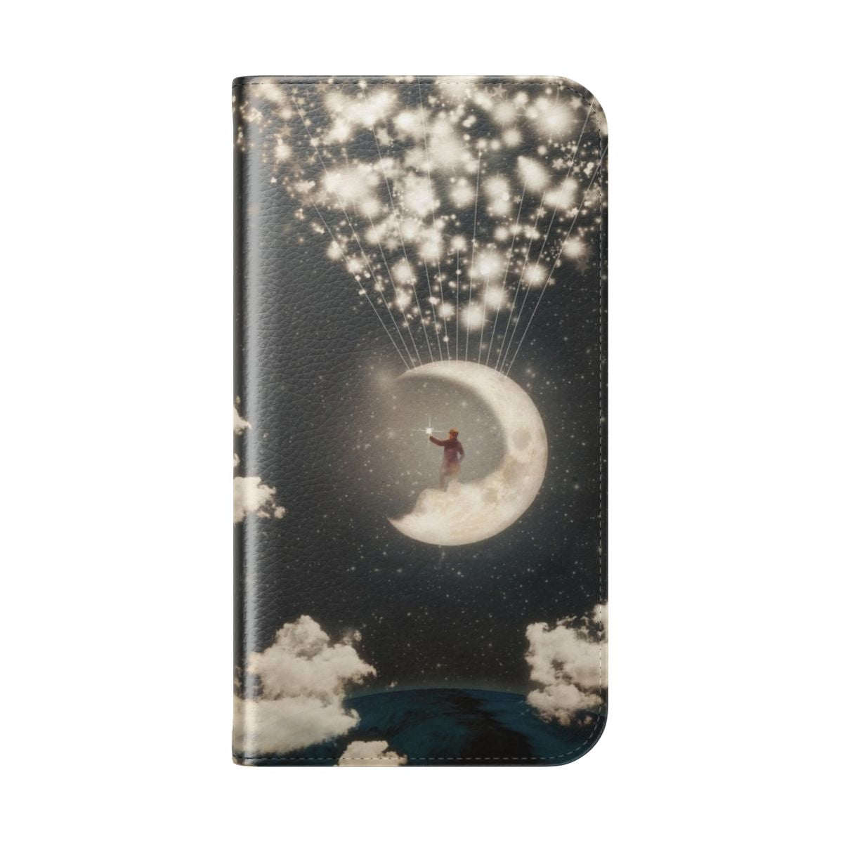 Flip phone case with an artistic depiction of the moon and space - Folded Back