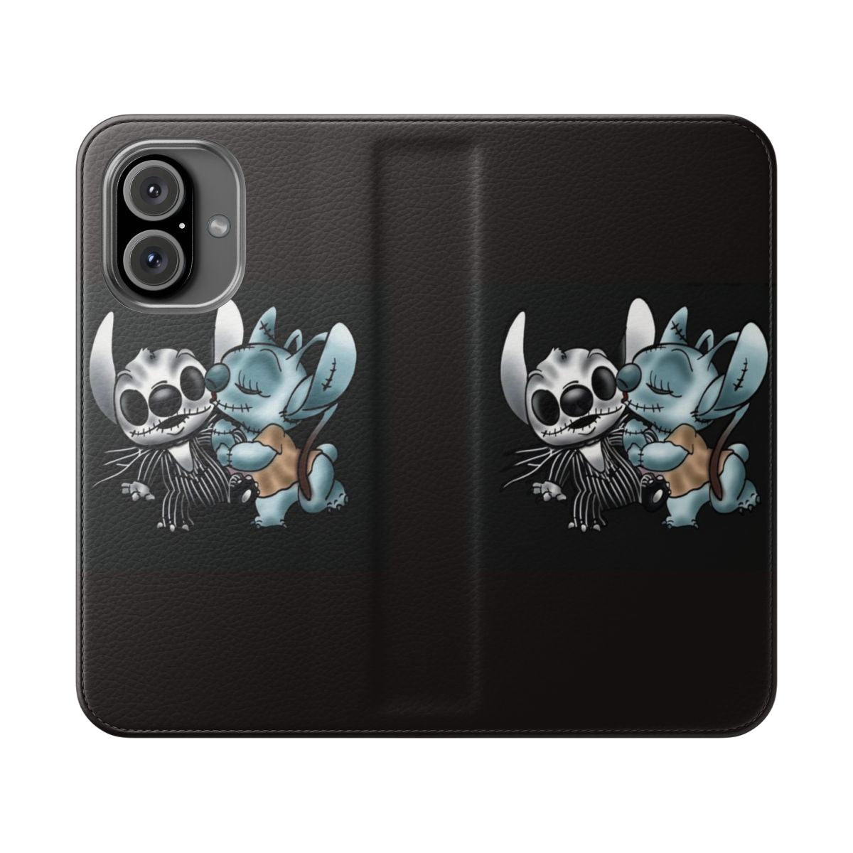 Halloween-themed phone case featuring Stitch and an angel character from The Nightmare Before Christmas