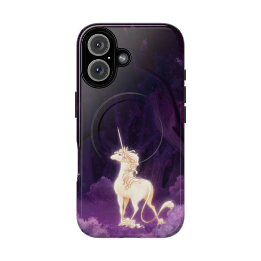 Illustration of a unicorn in a lilac wood on a magnetic phone case