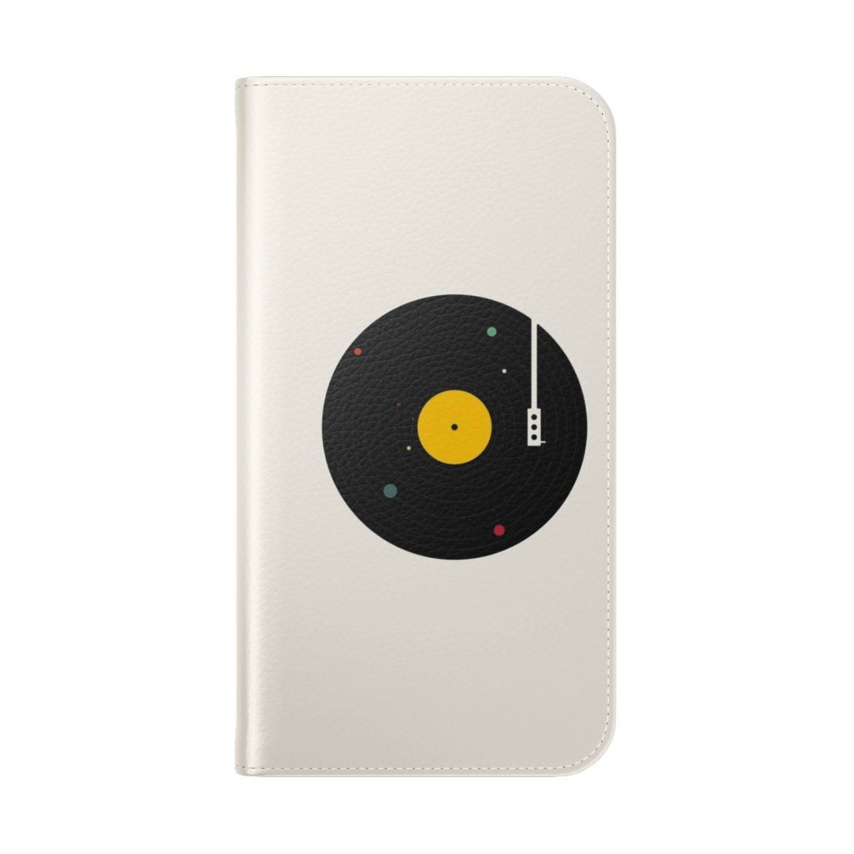 Retro-style flip phone case with a graphic design featuring a record player, planets, and cosmic elements - Folded Back