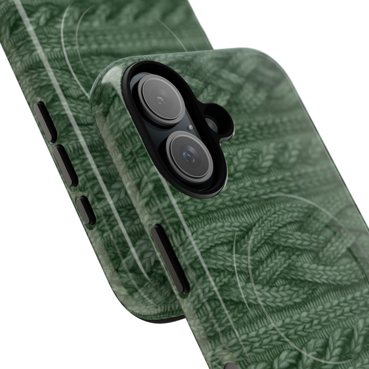 Cozy cable knit magnetic phone case in a festive green color - Detail