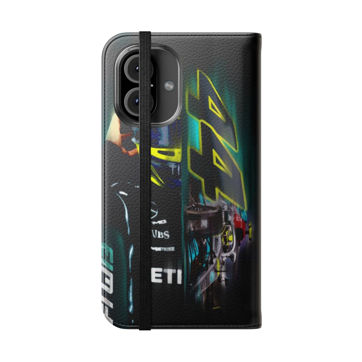 A stylish phone case featuring an artistic design inspired by the 2022 Formula 1 season and Lewis Hamilton's iconic helmet. - Folded Front