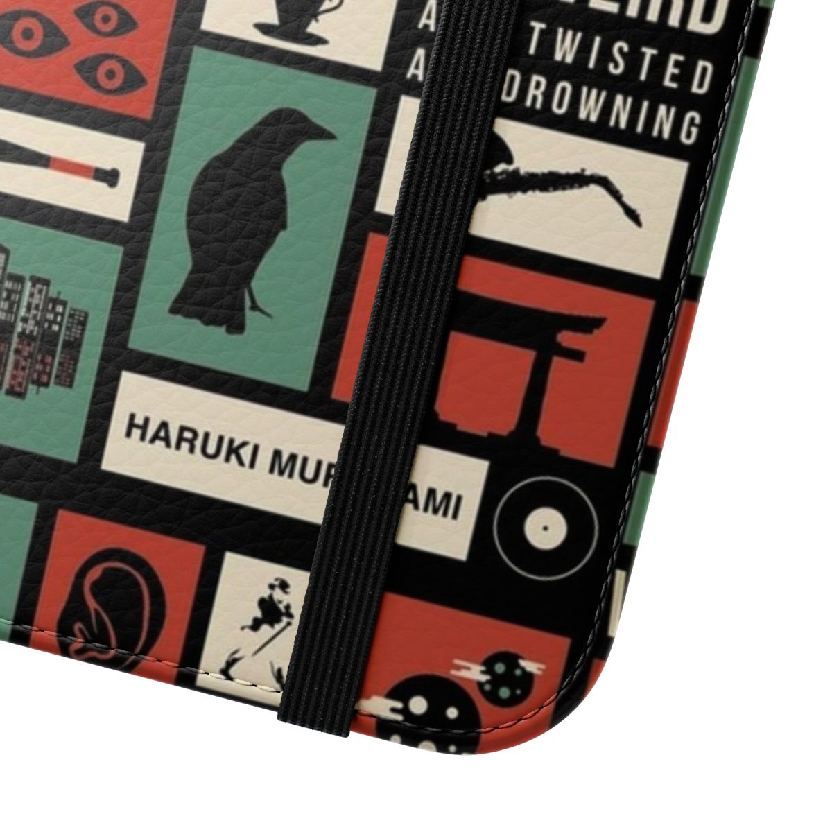 A sleek and stylish flip cover phone case featuring the iconic motifs and themes from the works of renowned Japanese author Haruki Murakami. - Close Up