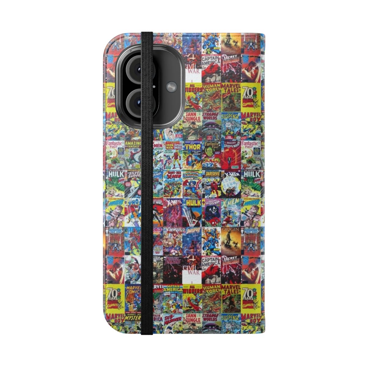 Superhero-themed flip cover phone case - Folded Front