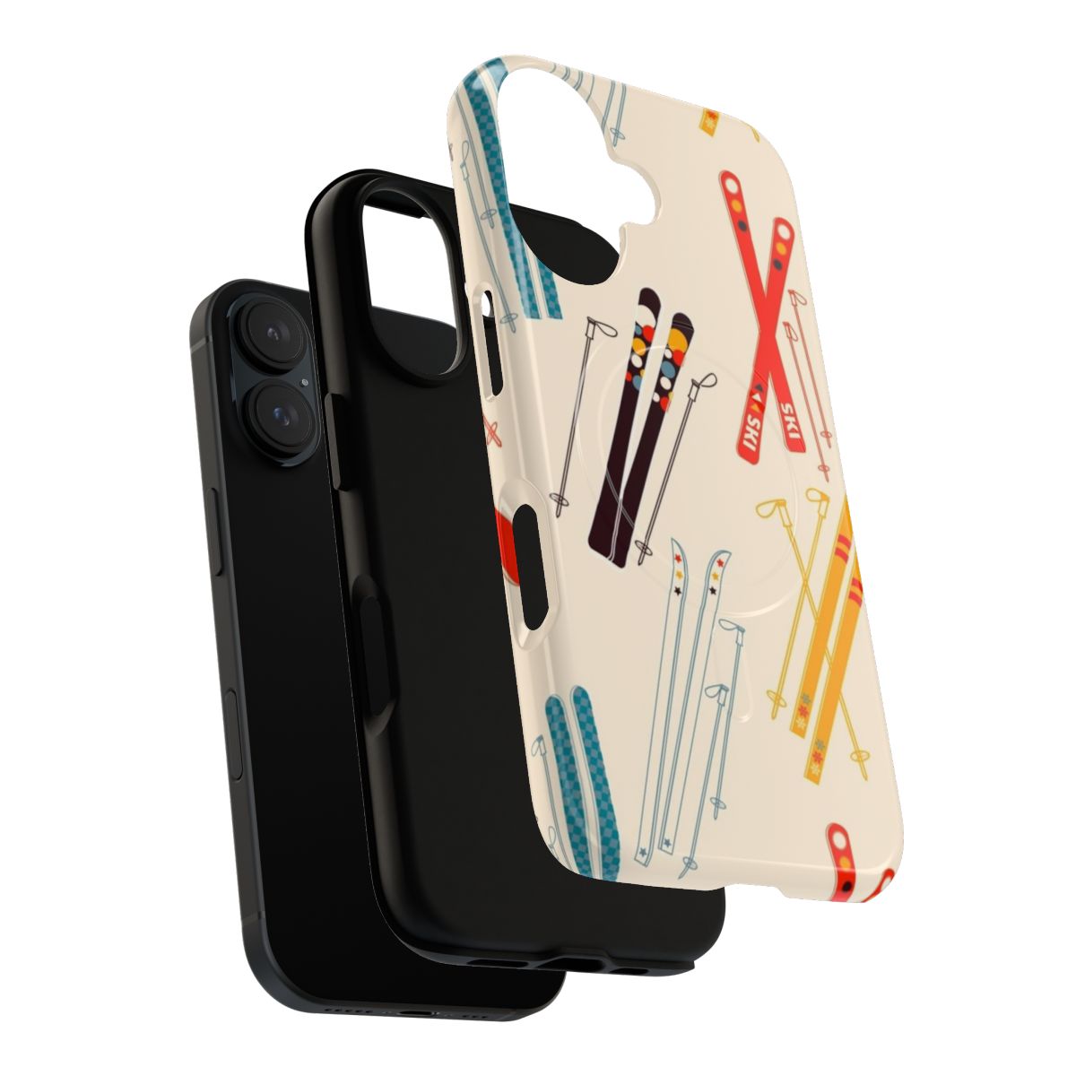 Magnetic tough phone case featuring a colorful skiing pattern design, perfect for winter and mountain adventures. - Layers