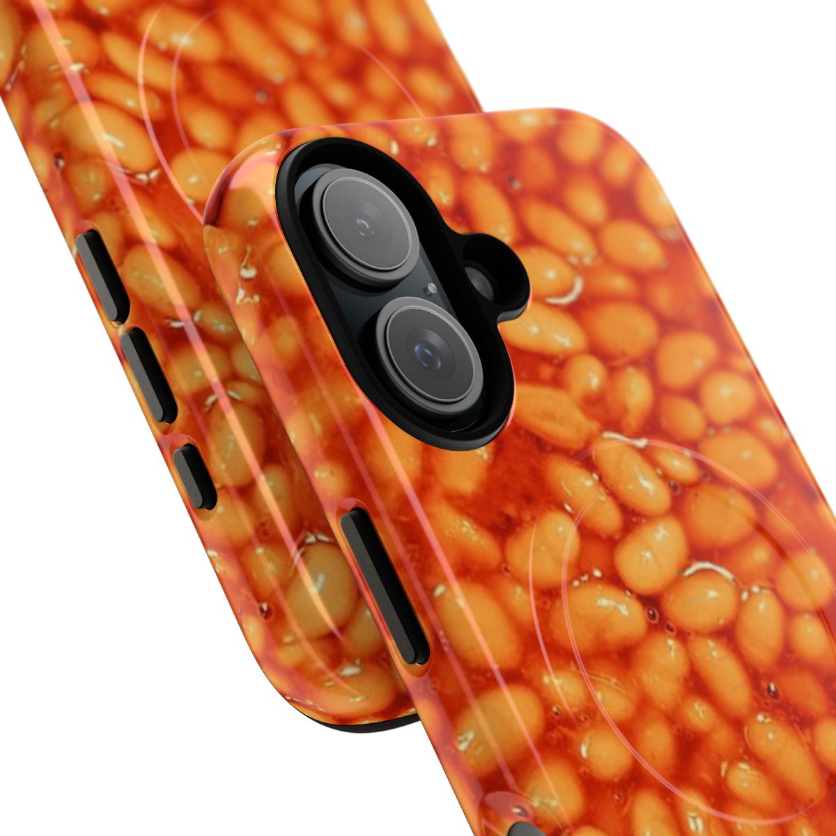 Magnetic phone case with a vibrant pattern of baked beans in a tin - Detail