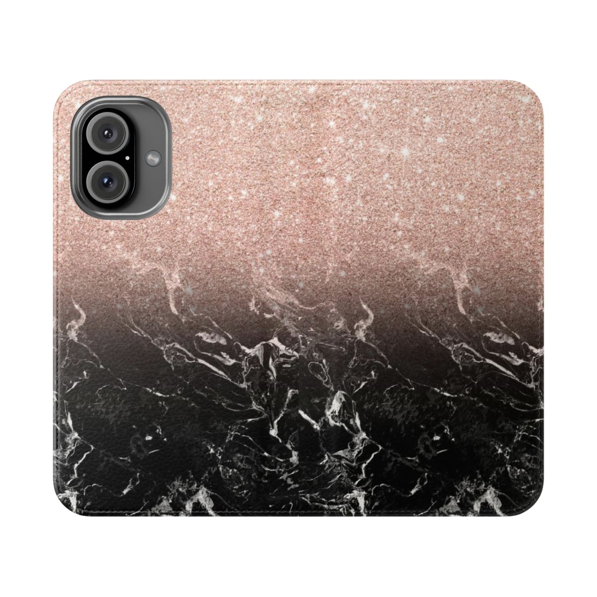 Closeup of a modern, ombre color block phone case in shades of black, rose gold, and white marble.