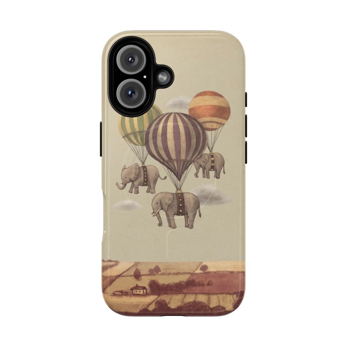 Vintage-style phone case with a digital illustration of flying elephants in a fantasy landscape