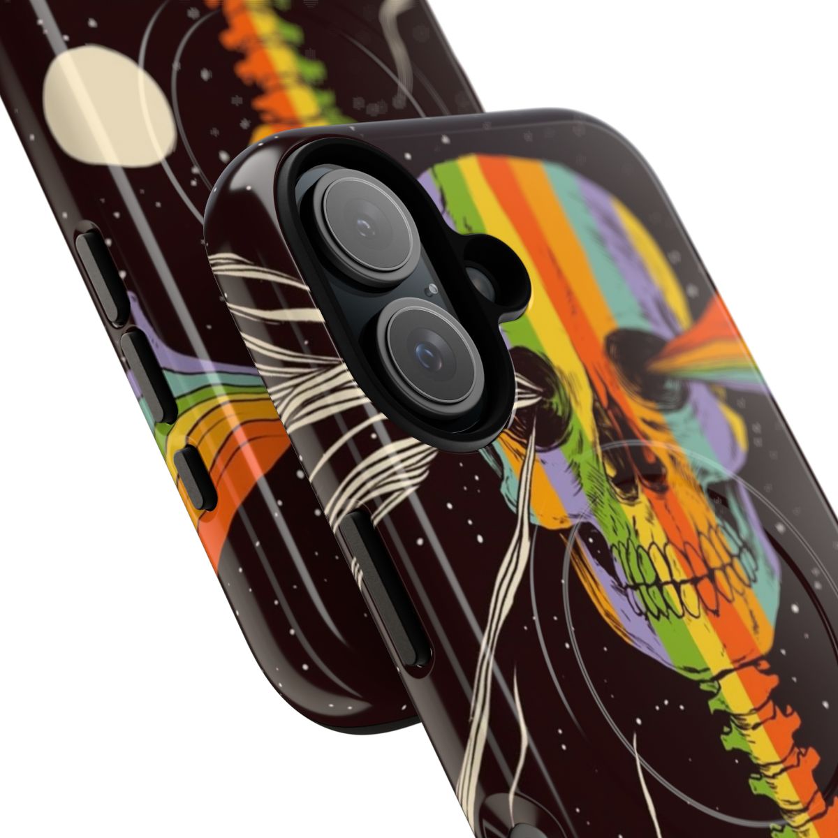 A surreal dark space art phone case featuring a skeleton and galaxy design - Detail