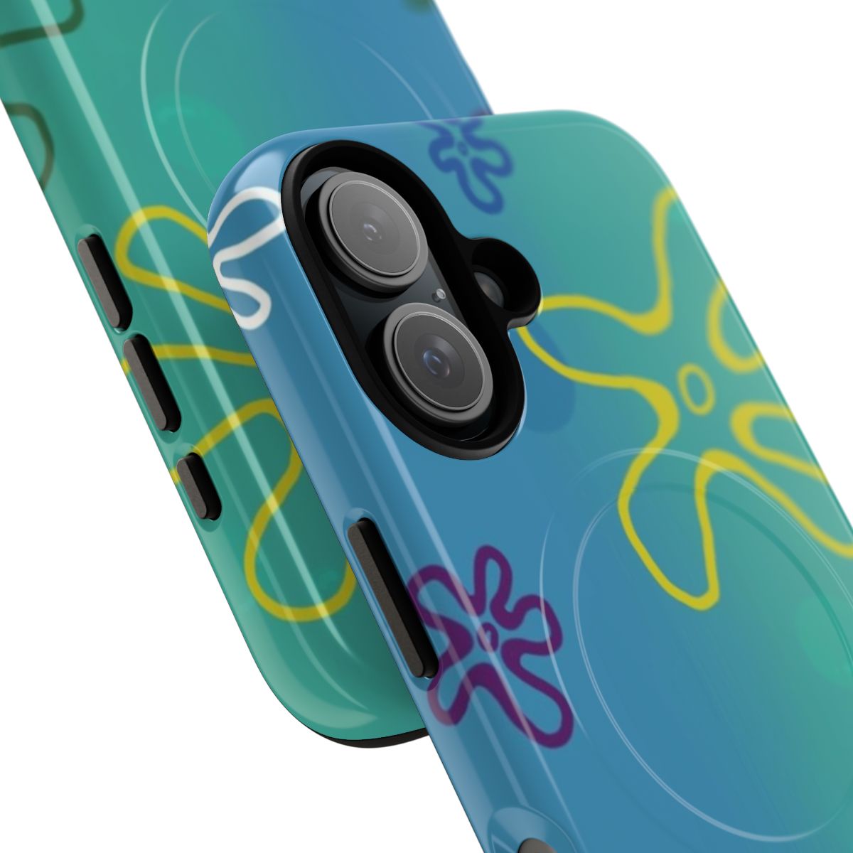 Retro floral phone case with blue background and white bubbles, inspired by Spongebob Squarepants - Detail