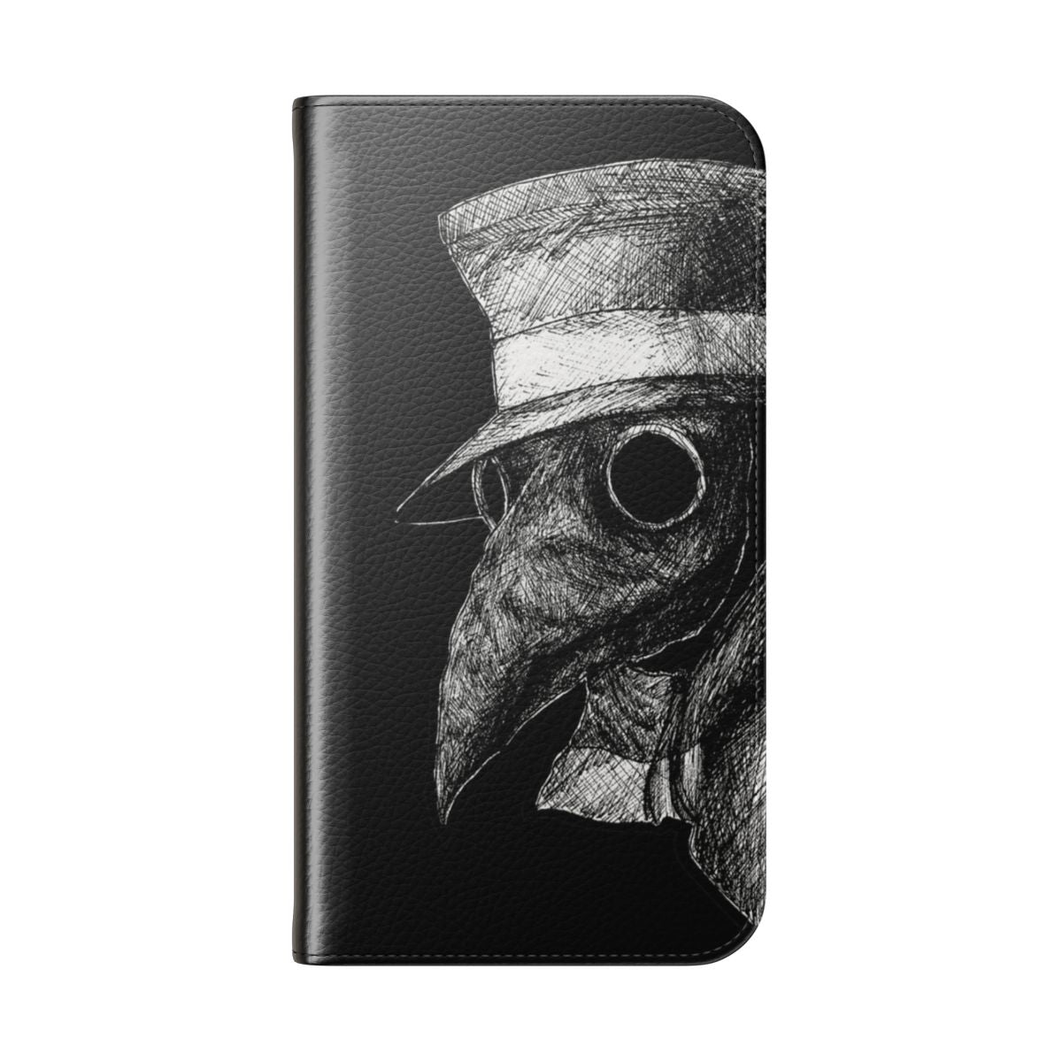 A black and white phone case cover with a plague doctor mask design, a gothic and spooky accessory. - Folded Back