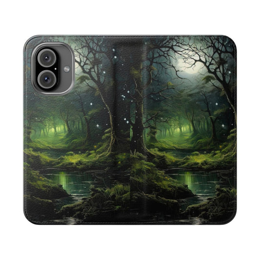 Fairy forest landscape with dark trees and glowing lights, ideal for a phone case design.