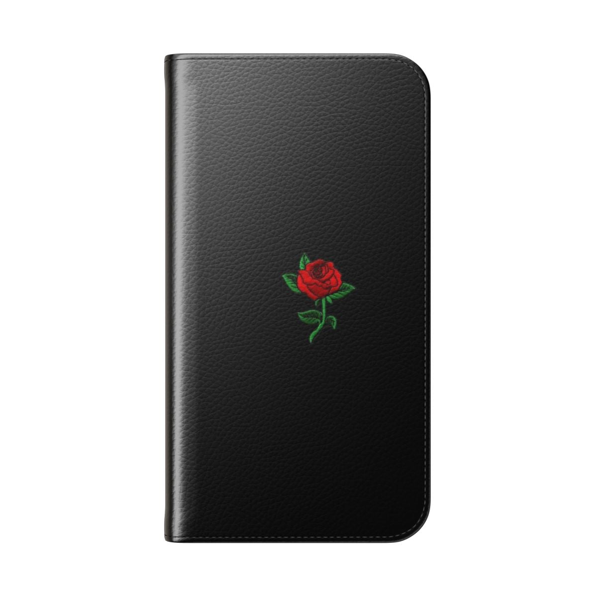 A stylish red rose-themed phone case with a flip cover design - Folded Back