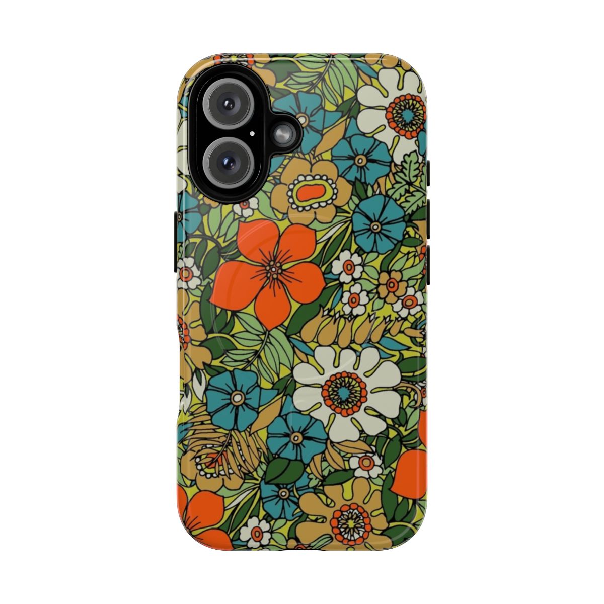 Retro flower phone case with orange, turquoise and green floral design